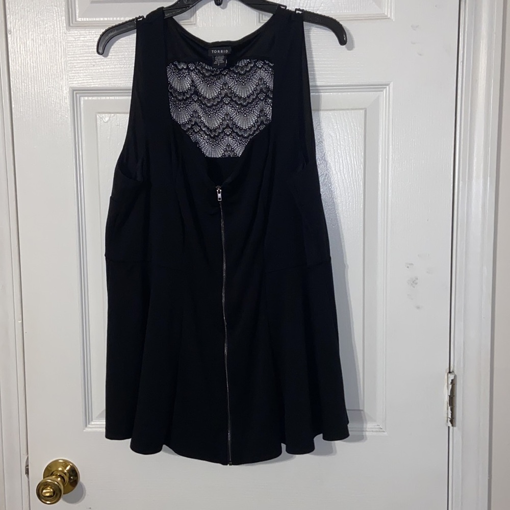 Black Peplum Zip Lace Inset Top - Picture 3 of 3